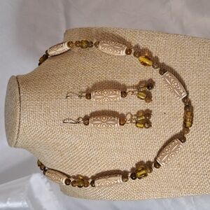 Hand Crafted Carved Bone Beaded Necklace Earrings Bracelet Coord Set
